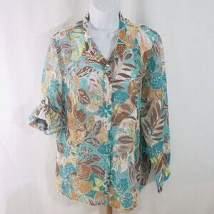 Samantha Grey Colorful Tunic Sz 14 Semi Sheer Summer Floral Tab Roll Sleeves EUC